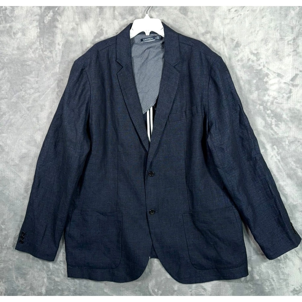 Nautica 100% Linen Blazer Mens 1XLT Tall Sport Coat Navy Blue Preppy Jacket